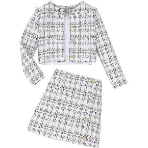 OYOANGLE Girl's 2 Piece Skirt Clothing Set Plaid Long Sleeve Button Jacket and Pencil Skirt Set