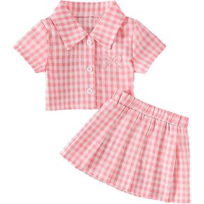 Thorn Tree Toddler Girl Skirts Suit Button Down Bow Embroidery Plaid Crop Shirt Pleated Skirts Summer Outfits Set