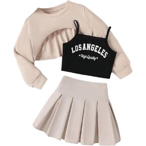 MakeMeChic Girl's 3 Piece Cute Outfit Crew Neck Crop Sweatshirt and Pleated Mini Skirt Set with Letter Graphic Cami Top