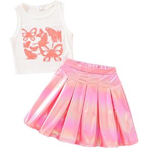 Tween Girls Preppy Trendy Clothes Sleeveless Butterfly Crop Top Sparkly Shiny A-Line Pleated Skirt Summer Outfits