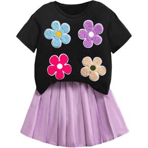 SOLY HUX Girl's Cute Skirt Sets 2 Piece Summer Outfits Floral Short Sleeve T Shirt and Pleated Skirt Set