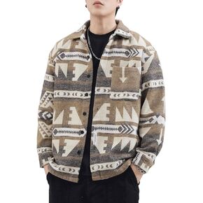 Men's Aztec Print Shacket Woolen Button Up Shirt Jacket Coat