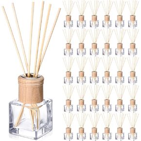 Roshtia 4 Set Reed Diffuser Bottle Empty Refillable Fragrance Glass Diffuser Bottles with Wooden Caps Rattan Sticks 50ml 1.7 oz Glass Jars for DIY Fragrance