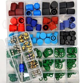 Car A/C Valve Core ، O-Ring & Cap Kit | مجموعة غطاء غبار صمام الهواء (77 PCS) AC Valve Core Core (40 PCS) | Orings - Nitrile Orings (270) | ل R12 - R134A | إصلاح تسرب تكييف الهواء التلقائي