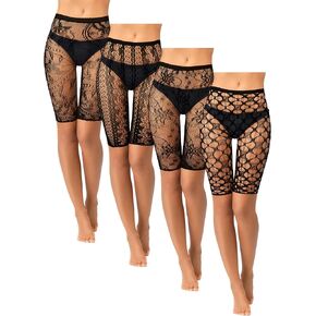 Newcotte 4 Pcs Fishnet Shorts High Waisted Mesh Short Leggings See Through Fishnet Tights Cover up Shorts for Women (Floral)