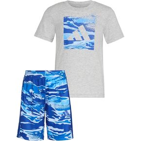Adidas Boys Short Sleeve Cotton Heather Tee Shirt و Aop Camo Short