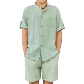 Arshiner Boy's 2 Pieces Green Outfits Short Sleeve Textured Shirt and Shorts Set Summer Beach Wear 10-11 Years