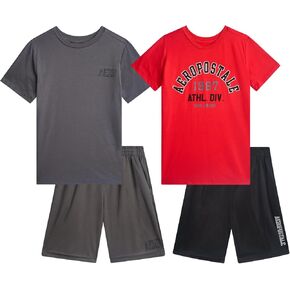 AEROPOSTALE Boys' Shorts Set - 4 Piece Short Sleeve Crew Neck Jersey Graphic T-Shirt and Mesh Shorts Set for Boys, Sizes:8-12