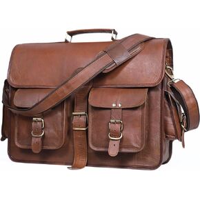 Genuine 18 inch Brown Leather Briefcase Bag for Men - Vintage Mens Leather Messenger Bag for Work, Laptop Satchel Book Bag