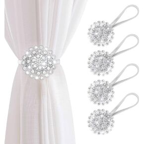 AULEEP Magnetic Curtain Tiebacks, 4 Pack Magnetic Crystal Decorative Drapes Curtain Clips Buckle, Flower Curtain Tie Back, European and American Style (Silver)