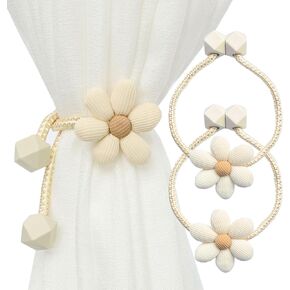 Magnetic Curtain Tiebacks, 2 Pack Window Curtain Treatment Holdbacks Tie Back Holders with Weave Twist Rope for Home Bedroom Office Indoor & Outdoor Decorative Boho Flower Cream Beige