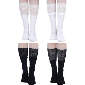 4 Pairs of Womens Lace Socks Calf Stocking with Lace Trim Long Lolita Boot Socks Knee Stockings