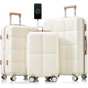 Merax Hardshell Luggage مجموعات 3 قطع 4 عجلة الدوران مع منفذ USB ، كريم أبيض ، 20/24/28 بوصة