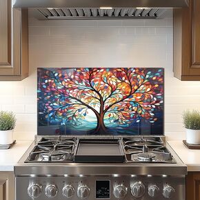 Daifuronge مقرار الزجاج المطبخ باكسبلاش ، شجرة جدار شجرة الحياة ، 30 "× 16" ، حديثة ، بدون إطار ، سهلة التنظيف ، ديكور المطبخ