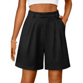 Bermuda Shorts for Women Dressy Casual High Waisted Summer Work Elastic Waist Pleated Dress Shorts with Pockets