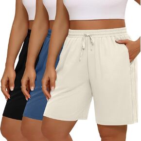 3 Pack Women's Plus Size Bermuda Shorts, Drawstring Elastic Waisted Bermuda Summer Casual Cotton Shorts with Pockets