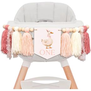 Goose One High Chair Lanner - Banner First Birthday Tassel Banner ، زخرفة موضوع أوزة ، إكليل زخرفي وردي وأبيض مع علامة واحدة (شعار أوزة)