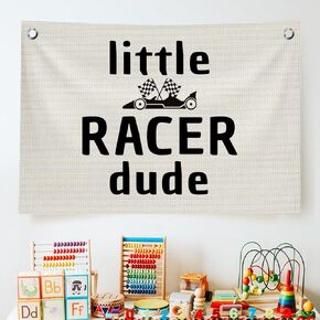 Boy Room Decor, Playroom Decor, Little Racer Dude Racing Theme Wall Decor Flags for Toddler Bedroom, Race Car Canvas Hanging Banner Decor, Racing Enthusiast Gifts, 30x20 inches