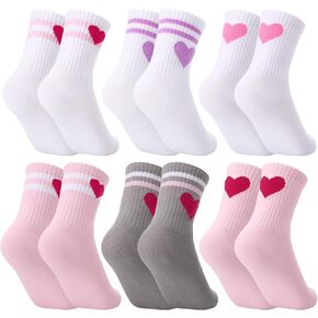 Jspupifip Kids Socks ، 6 أزواج من أفراد طاقم القطن الرياضي جوارب الجوارب الصغيرة المخططة مع القلوب الرجعية