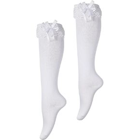 Teaaha White Knee High Socks with Bow, Women's Soft Solid Lace Thigh High Stocks Cotton Socks Lovely and Cute Lace Ruffle Bow Girls Princess Socks over the Knee Tube Socks High Stockings