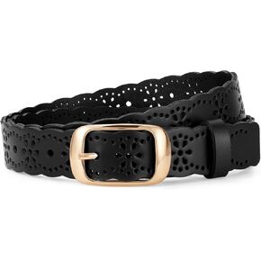 JASGOOD Leather Belt for Women Hollow Flower Leather Belt for Jeans Pants Fashion Waist Belt with Gold Buckle