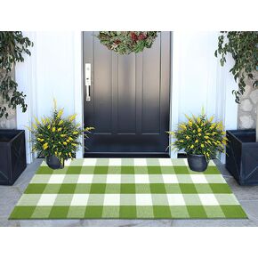 Green and White Buffalo Outdoor Rug 24''x51''Checkered Plaid Front Porch Rug Cotton Woven Machine Washable Door Mat Outdoor for Layered Doormat Hello Welcome Door Mat Kitchen Farmhouse Entryway