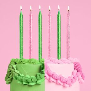 XO ، Fetti Pink + Green Glitter Cake Cake ، Tall Thin - 10 Pcs | لوازم حفلة عيد الميلاد ، ديكور كعكة العازبة ، كب كيك توبيبر ، ديكورات الحلوى الممتعة