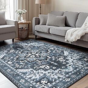 8x10 Washable Rug, Area Rug for Living Room, Non Slip Water Repellent Floor Carpet, Low Pile Soft Vintage Rug for Bedroom Dining Room Indoor Home Office, Blue