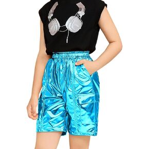 Perfashion Metallic Cargo Shorts for Girls Boys Y2K Multi-Pocket Shorts Streetwear Skater Shorts 4-13Y