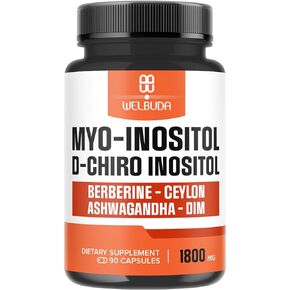 6in1 ملحق Myo -Inositol & D -Chiro inositol مع البربرين ، سيلان ، آشواغاندا ، ديم - 90 كبسولات نباتية - 30 يومًا