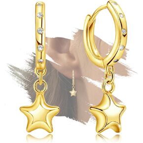 أقراط النجوم الذهبية للنساء الفتيات في سن المراهقة - Sterling Silver Stars Hoop أقراط Hypoallergenic Zirconia Zirconia Star على شكل أقراط خفيفة الوزن هدايا حفيد الابنة عيد الميلاد