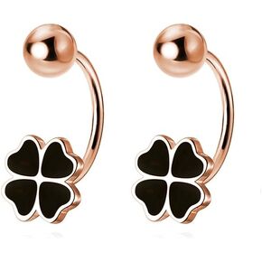 Reffeer Solid 925 Sterling Silver Clover Flower Half Hoop Earrings for Women Teens Black Clover Hoop Earrings Huggie Shamrock Earrings