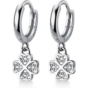 SLUYNZ 925 Sterling Silver CZ Clover Hoop Earrings Dangle for Women Teens Lucky Clover Leaf Huggie Earrings Flower Drop