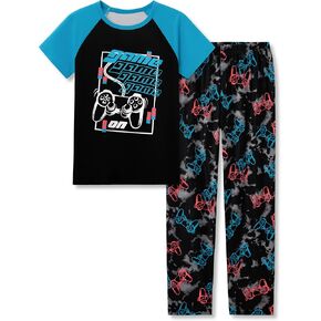 Beezizac Big Boys Pajamas Teal & Navy Face 2-Piece Fun Short Sleeve & Pants PJ Set Kid Cozy Sleepwear Size 6-18
