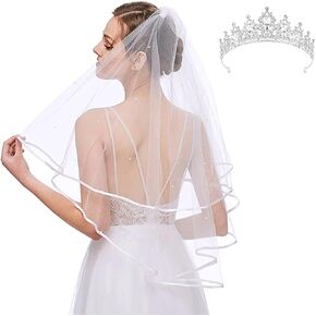 Womens 2 PCS White Wedding Veils with Rhinestone Crown Bearl Bride Bride Veil Bachelorette Partypiece