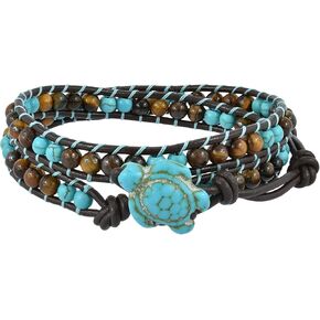 AeraVida Timeless Ocean Sea Turtle Tiger's Eye and Simulated Turquoise Double Wrap Bracelet | Statement Bracelet | Boho Jewelry
