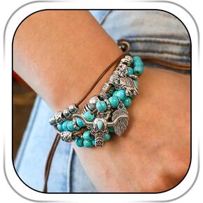 Boho Turquoise Bracelet Leather Beaded Bracelets Western Cowgirl Bracelet Layered Adjustable Bracelets for Women Holiday
