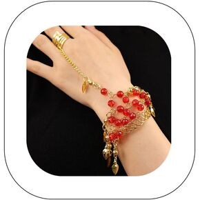 Vintage Gemstone Crystal Slave Bracelet with Finger Ring Adjustable Open Cuff Bracelet Sparkling Disc Tassel Harness Bracelet Bohemian Ruby Teardrop Belly Dance Hand Jewelry
