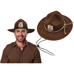 Nicky Bigs Novelties Deluxe State Trooper Highway Patrol Hat Faux Suede Campaign مع Gold Cord & Badge Sheriff و Park Ranger & Mountie للبالغين والكسب