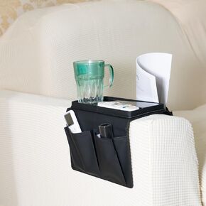 Yuoyar Leather Couch Caddy for Middle of Couch - Non-Slip Armchair Caddy for Recliner - Couch Remote Holder Accessories with Pockets (Black)