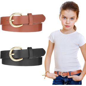 2 Pack Girls Belt, 32 Inch Elastic Kids Leather Belts Adjustable O-Ring Buckle Waist Belt for Pants Jeans Dress (Black and Brown)