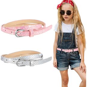 2 Pieces Belt for Girls, PU Leather Glitter Cute Shiny Kids Belts, Metal Buckle Elastic Stretch Adjustable Toddler Girls Belt Jeans Dress