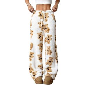 ZAFUL Women's Fuzzy Plush Pajama Pants Drawstring Elastic Waist Wide Leg Teddy Pj Bottoms Lounge Pants