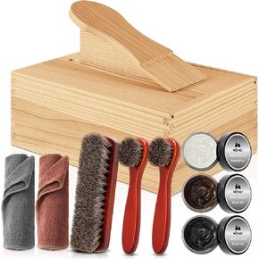 9 Pcs Shoe Shine Valet Box Including 1 Wooden Storage Box, 3 Colors Shoe Cream, 3 Big Brushes and 2 Towels, Shine Care Kit for Men Leather Boot Father's Day Birthday Gift