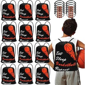 24 Pcs Basketball Party Favors, 12 Pcs Goodie Bags & 12 Pcs Bracelets, Lightweight Drawstring Bags Adjustable Braided Charm Bracelet for Adults Kids