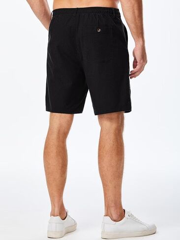 Mens Cotton Linen Shorts Casual Waist Elastic Button Golf Beach Shorts with Pockets in Saudi Arabia