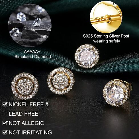Dochais Cubic Zirconia Stud Earrings for Men Women, 14K Gold Plated Hypoallergenic 925 Sterling Silver Post Earrings Set, Iced Out Round & Square CZ Studs, Simulated Diamond Halo Earrings in Saudi Arabia