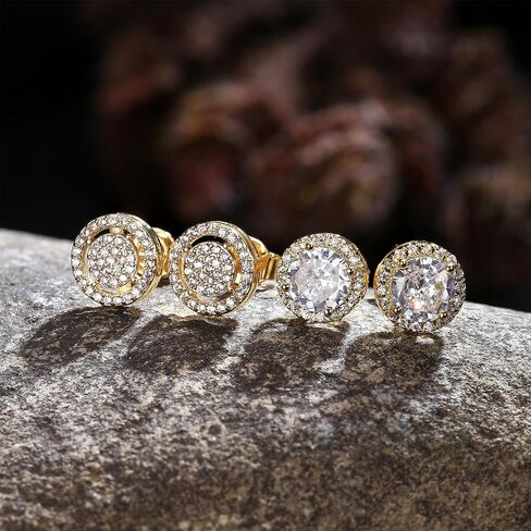 Dochais Cubic Zirconia Stud Earrings for Men Women, 14K Gold Plated Hypoallergenic 925 Sterling Silver Post Earrings Set, Iced Out Round & Square CZ Studs, Simulated Diamond Halo Earrings in Saudi Arabia