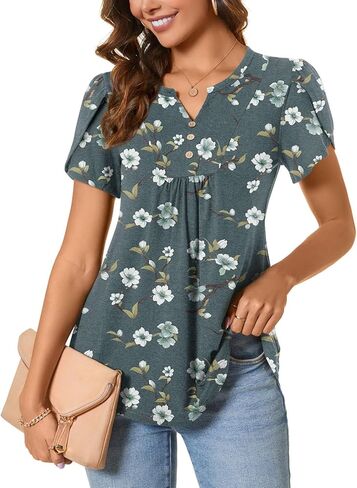 BISHUIGE Womens Casual Summer Top V Neck Loose Tunic Button Ruffle Sleeve Pleated Blouses in Saudi Arabia