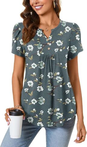BISHUIGE Womens Casual Summer Top V Neck Loose Tunic Button Ruffle Sleeve Pleated Blouses in Saudi Arabia